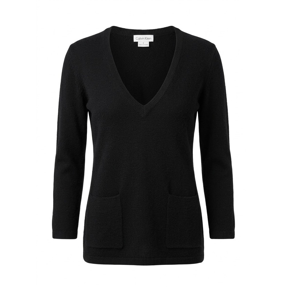 Calvin Klein Black 100% Cashmere V-Neck Minimalist Sweater with Pockets Women S